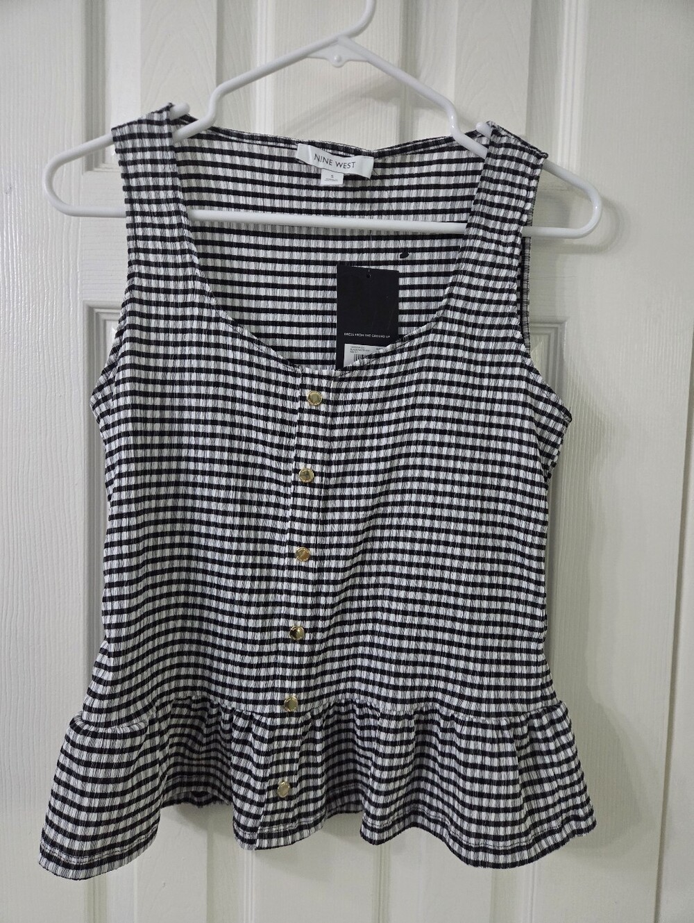 Nine West Black & White Gingham Button-Front Peplum Tank